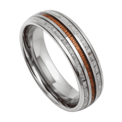 Men’s silver tungsten ring with whiskey barrel oak wood and natural antler inlays, shown as a personalised men’s wedding band.