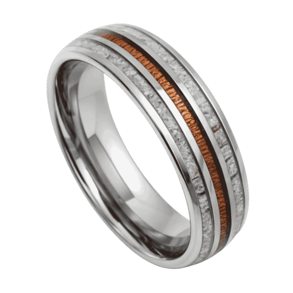 Men’s silver tungsten ring with whiskey barrel oak wood and natural antler inlays, shown as a personalised men’s wedding band.