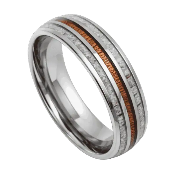 Men’s silver tungsten ring with whiskey barrel oak wood and natural antler inlays, shown as a personalised men’s wedding band.