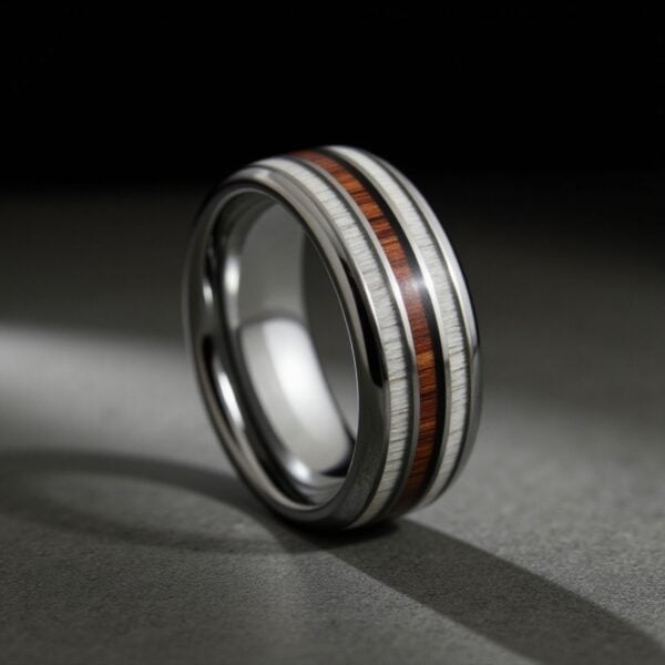 Men’s silver tungsten ring with wood and antler inlays, shown as a personalised male wedding band.