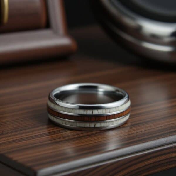 Silver men’s tungsten ring with oak wood and antler inlays, suitable as an engagement or eternity ring.