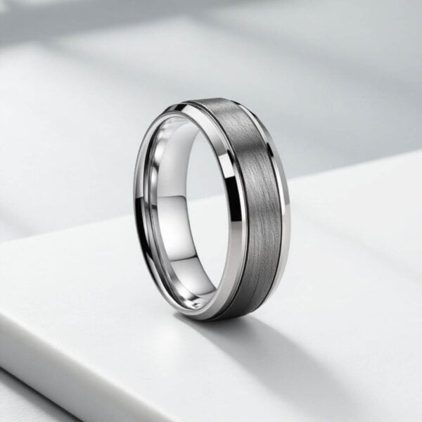 Guys tungsten ring - contrast of brushed and polished silver - Mans engagement ring