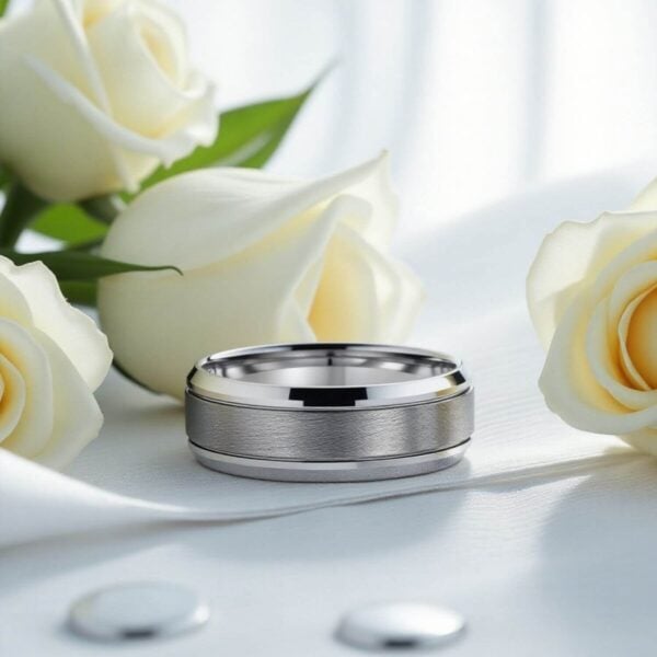 Wedding band for him - silver tungsten ring with raised brushed silver centre