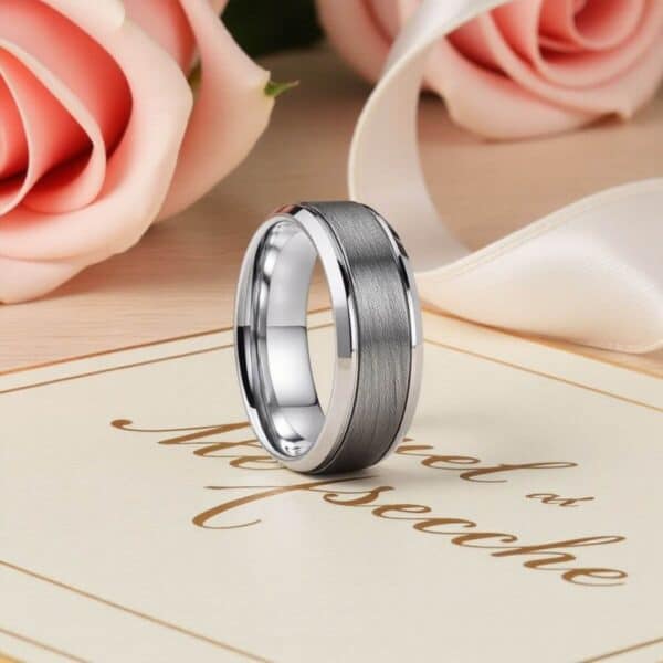 Mens silver tungsten ring with a brushed finish.