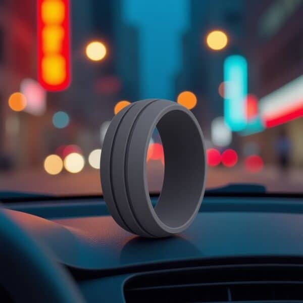 Durable dark grey flexible silicone band for men with double grooves, a safe ring for exercise, or stylish promise ring, eternity or statement ring
