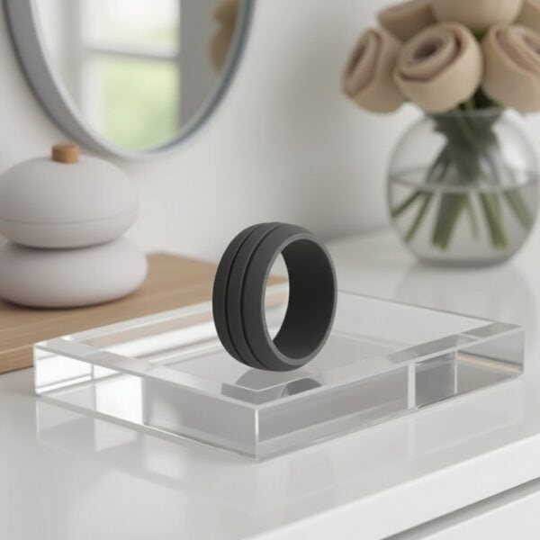 Sleek dark grey mans silicone ring featuring double grooves, a flexible stretchy band, perfect as a mens promise ring or fashion statement ring