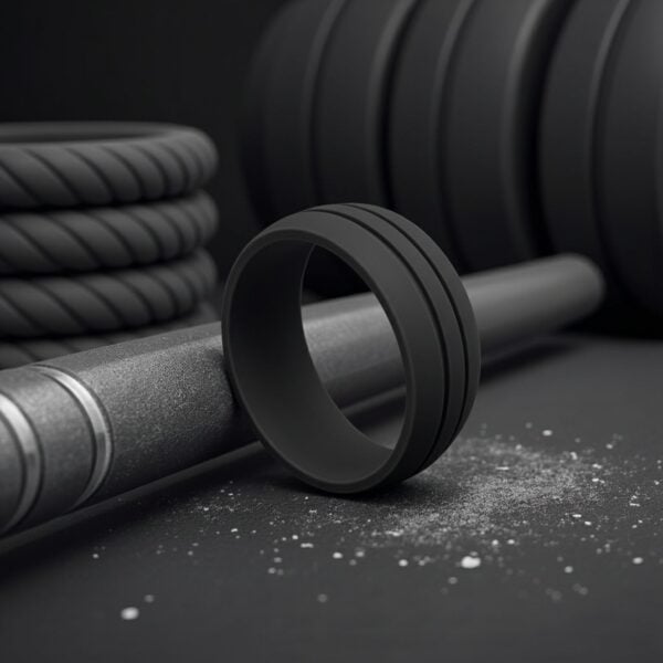 Classic dark grey silicone ring for men with double grooves, a flexible stretchy mans wedding ring, versatile as a gents statement eternity ring