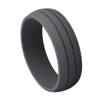 Dark grey silicone ring with double grooves – mens wedding band, male engagement ring, or gents eternity ring, a flexible stretchy band for him.
