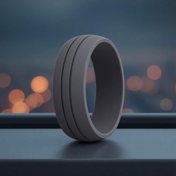 Lightweight guys dark grey silicone ring with double grooves, a flexible band for an active lifestyle, worn as a mens eternity ring or male promise ring.