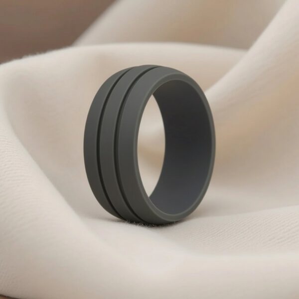 Modern mens dark grey silicone band with double grooves, ideal as a male wedding ring, gents eternity ring, or promise ring for guys