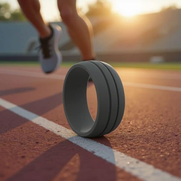 Stylish mens silicone ring in dark grey with double grooves, comfortable band worn as a male engagement ring, gents promise ring, or fashion ring.