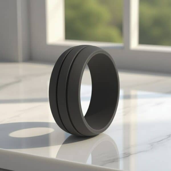 Contemporary dark grey silicone ring for him with double grooves, designed as a mens wedding band, male engagement ring, or gents eternity ring.