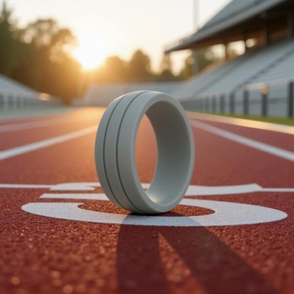 Classic gents light grey silicone ring with double grooves. A mens wedding band, male engagement ring, or stretchy flexible ring for him