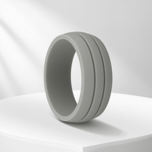 Durable guys light grey silicone band with double grooves. Ideal as a mens wedding band, male promise ring, or bold gents statement ring.