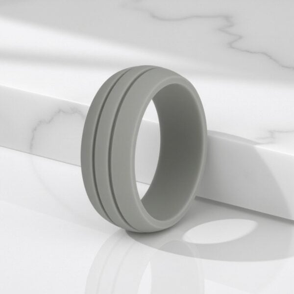 Lightweight light grey flexible silicone ring for him with double grooves. A versatile mens band for use as a gents eternity ring or male engagement ring.