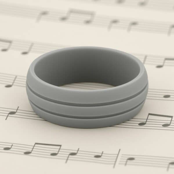 Stylish light grey mans silicone ring with double grooves. A flexible, stretchy mens band that works as a promise ring, gents fashion ring, or guys ring.