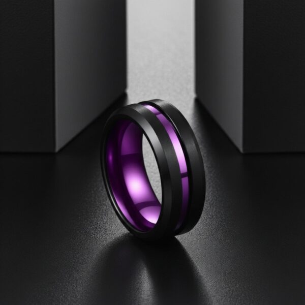 Men’s purple ring crafted from tungsten with a black exterior, worn as a promise or fashion ring.