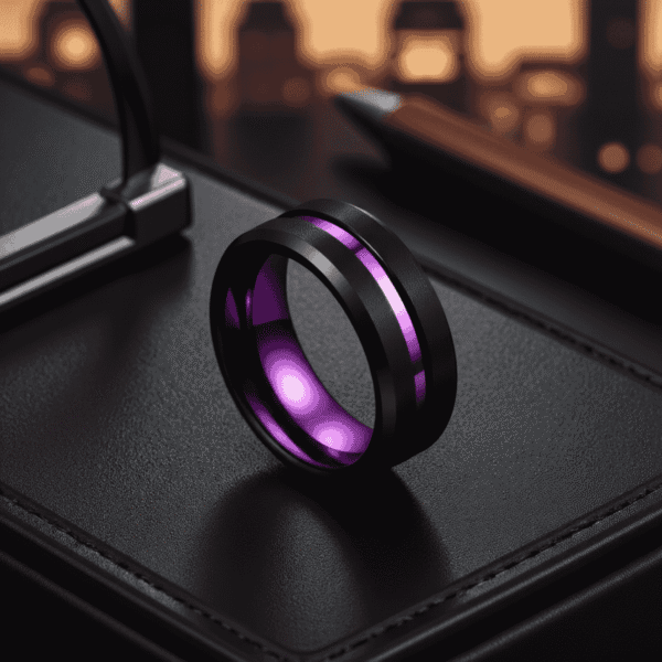 Men’s purple and black tungsten fashion ring designed as a bold statement ring.