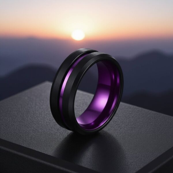 Men’s tungsten ring with black matte finish and purple groove, suitable as a male wedding or engagement ring.