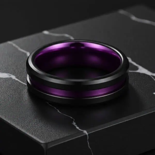 Purple and black ring for men made from tungsten, suitable as a gents eternity ring.