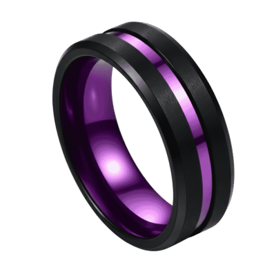 Men’s tungsten ring in matte black with a polished purple groove and purple interior, shown as a personalised men’s wedding band.
