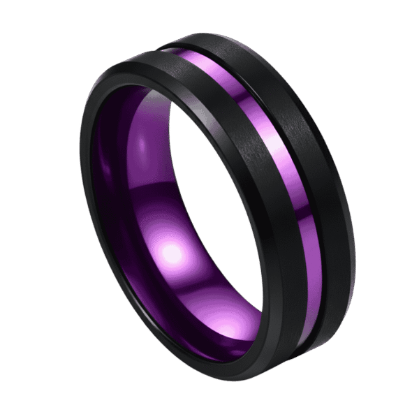 Men’s tungsten ring in matte black with a polished purple groove and purple interior, shown as a personalised men’s wedding band.