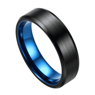 Men’s tungsten ring with a brushed black centre, polished black bevelled edges, and a bright blue interior, shown as a personalised men’s wedding band