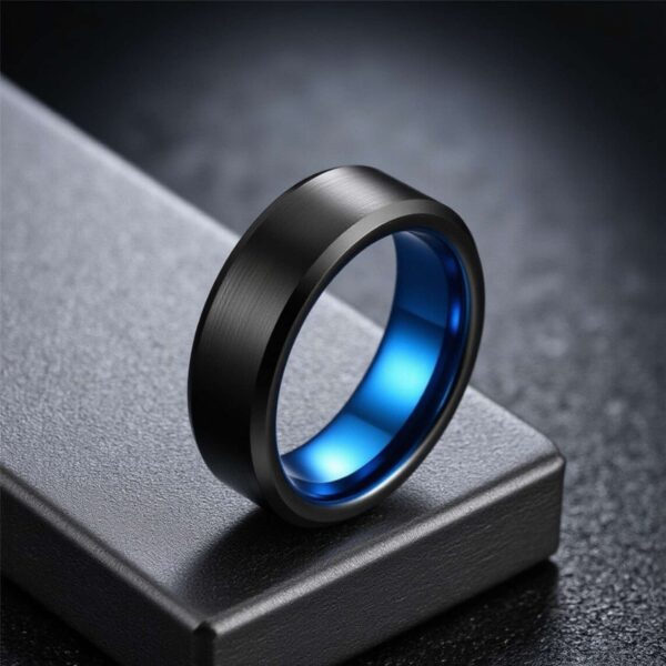 Black and blue ring for men made from tungsten, suitable as a gents eternity ring.