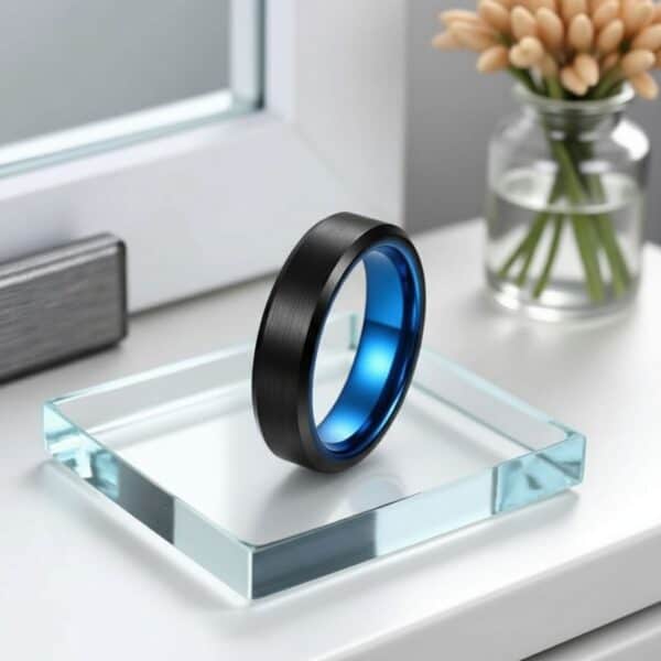 Black and blue men’s tungsten wedding band with polished bevelled edges and modern styling.