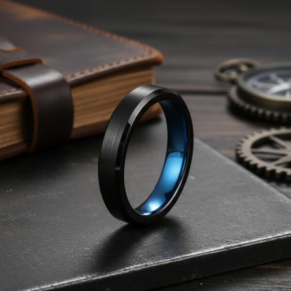 Men’s black and blue tungsten fashion ring designed as a bold statement ring.