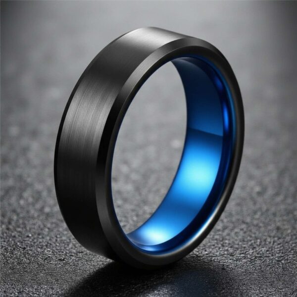 Black and blue tungsten ring for men featuring a brushed black exterior and polished blue inner band.