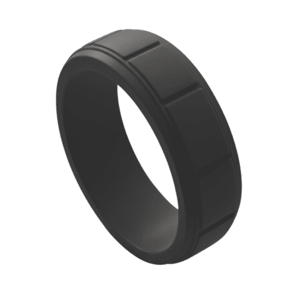 Charcoal grey silicone ring for men with block pattern. A durable mens wedding band, male engagement ring, or gents eternity ring, flexible and stretchy.