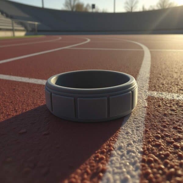 The perfect ring for sports and exercise, a charcoal grey silicone band with block pattern. Ideal as a mens wedding band or gents eternity ring for him.