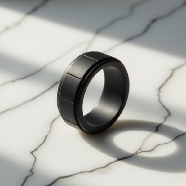 Contemporary black silicone ring for him with block pattern. Suitable as a male engagement ring, gents eternity ring, or flexible stretchy sports band.