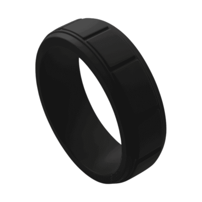 Black silicone ring for men with block pattern. A durable mens wedding band, male engagement ring, or gents eternity ring, flexible and stretchy.