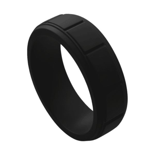 Black silicone ring for men with block pattern. A durable mens wedding band, male engagement ring, or gents eternity ring, flexible and stretchy.
