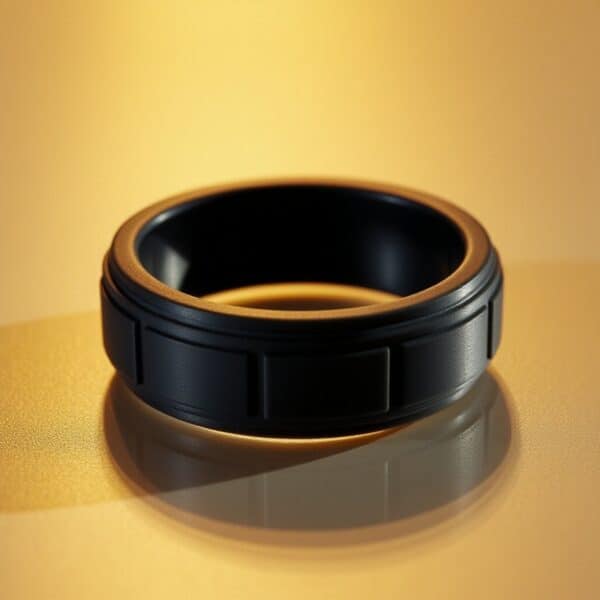 Durable guys black silicone band with block pattern. Ideal as a mens wedding band, male promise ring, or bold gents fashion statement ring.