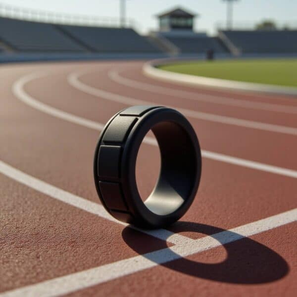 The perfect ring for sports and exercise, a charcoal grey silicone band with block pattern. Ideal as a mens wedding band or gents eternity ring for him.