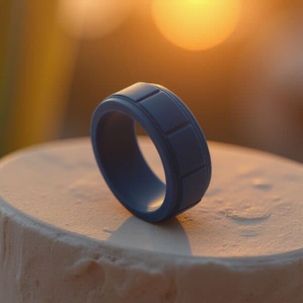 Classic gents black silicone ring with block pattern. Strong, flexible, and stylish as a mens wedding ring, male eternity ring, or fashion statement ring