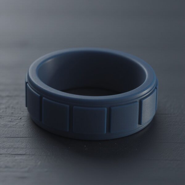 Durable guys navy blue silicone band with block pattern. Ideal as a mens wedding band, male promise ring, or bold gents fashion statement ring.