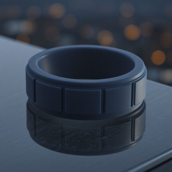 Modern mens navy blue silicone band with block pattern. Perfect as a male wedding ring, gents eternity ring, promise ring, or bold fashion statement ring.