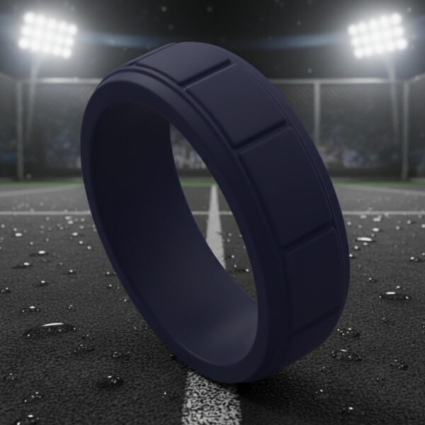 Contemporary navy blue silicone ring for him with block pattern. Wear as a male engagement ring, gents eternity ring, or flexible stretchy sports band.