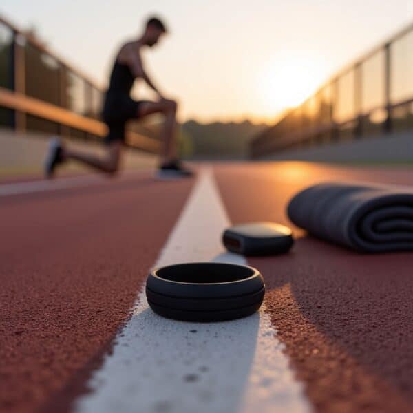 Sleek black silicone ring for guys with double grooves. Wear as a mens wedding band, male engagement ring, or flexible stretchy fashion band.