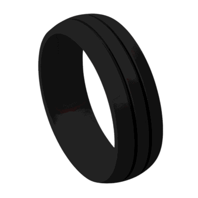 Black silicone ring for men with double grooves. Ideal as a mens wedding band, male engagement ring, or gents eternity ring, flexible and stretchy