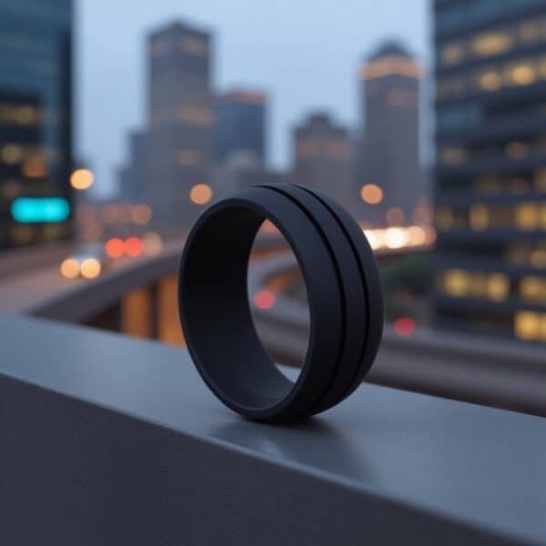 Classic gents black silicone ring with double grooves. Perfect as a mens band, male eternity ring, or practical promise ring for him.