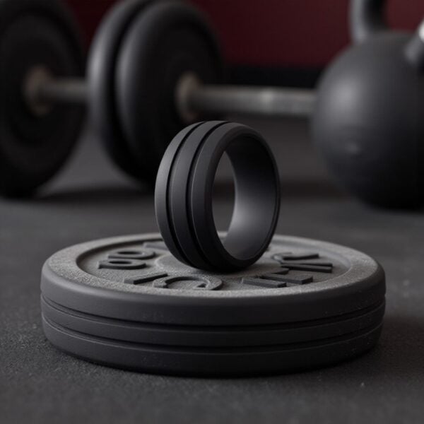 Comfortable mens silicone ring in black with double grooves. A gents eternity ring, promise ring, or bold statement ring for guys.