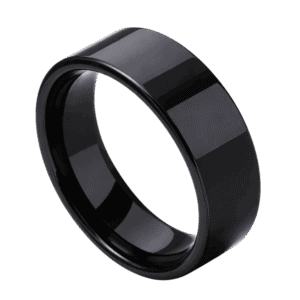 An elegant flat style black ring made with tungsten.