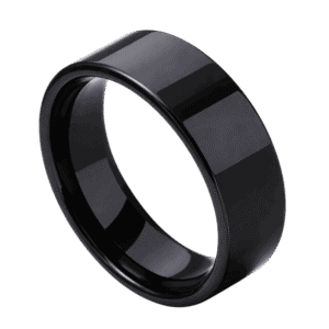 An elegant flat style black ring made with tungsten.