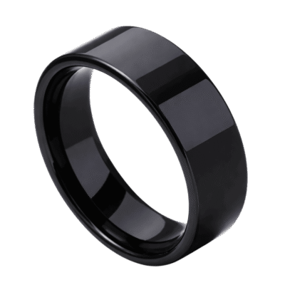 An elegant flat style black ring made with tungsten.
