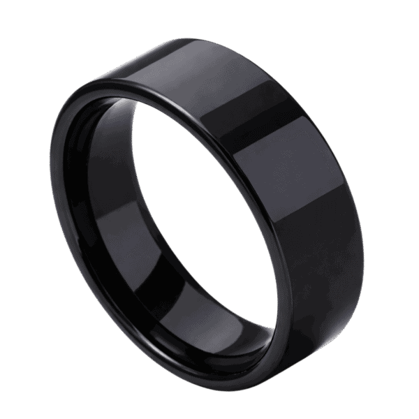 An elegant flat style black ring made with tungsten.